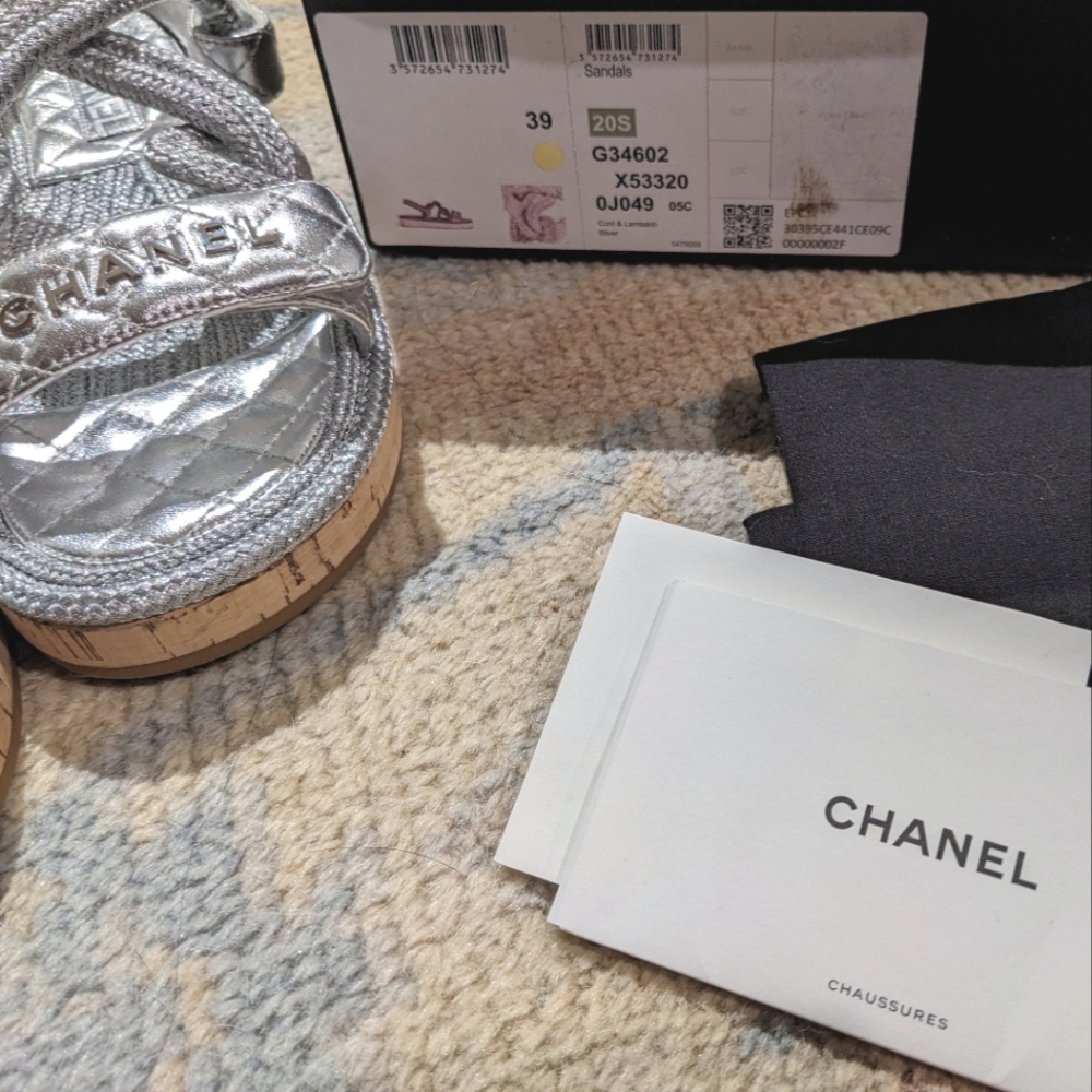 🎁SOLD CHANEL🤩20S CC Lambskin Cord Rope Logo Dad Sandals in Silver Sz 39 - Picture 15 of 16